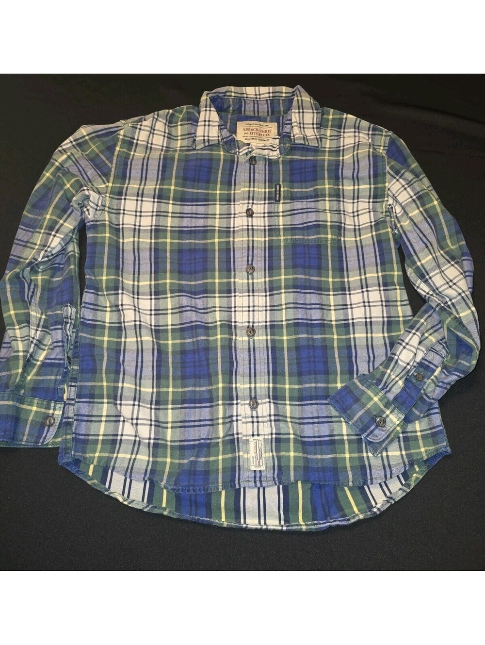ABERCROMBIE & FITCH Vtg 90s Blue Green Plaid Long Sleeve Flannel, Mens MEDIUM